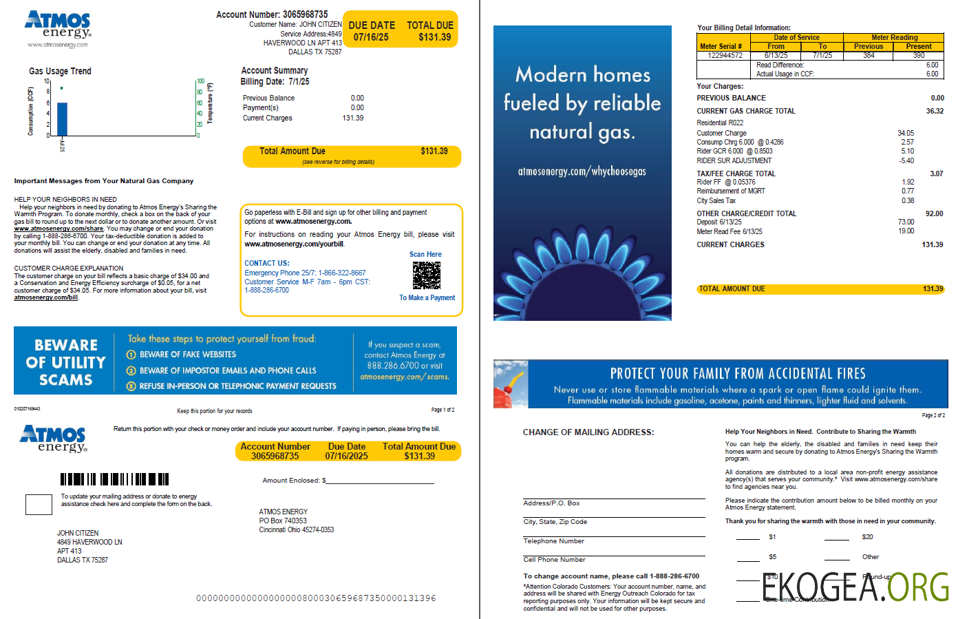 USA Atmos Energy utility bill template in Word and PDF formats, 2 pages
